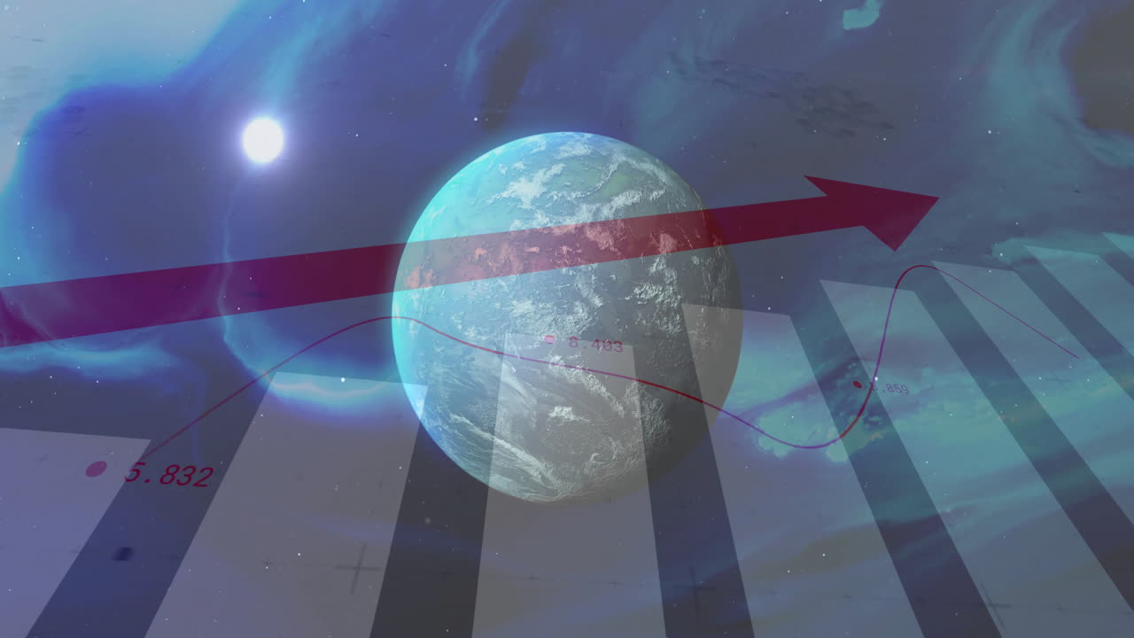 지구와 우주 배경에 대한 상승하는 화살표와 데이터 차트 애니메이션