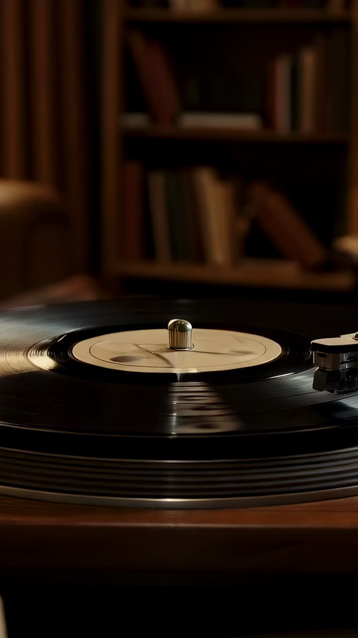 Vertical video: Spinning vinyl with cream label and spindle on turntable, motor starting in study