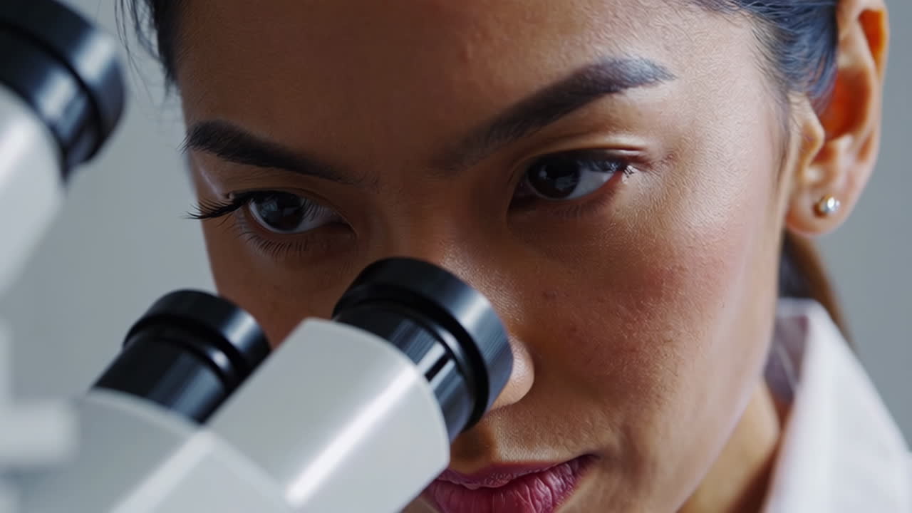 A scientist examining samples through a microscope in a laboratory