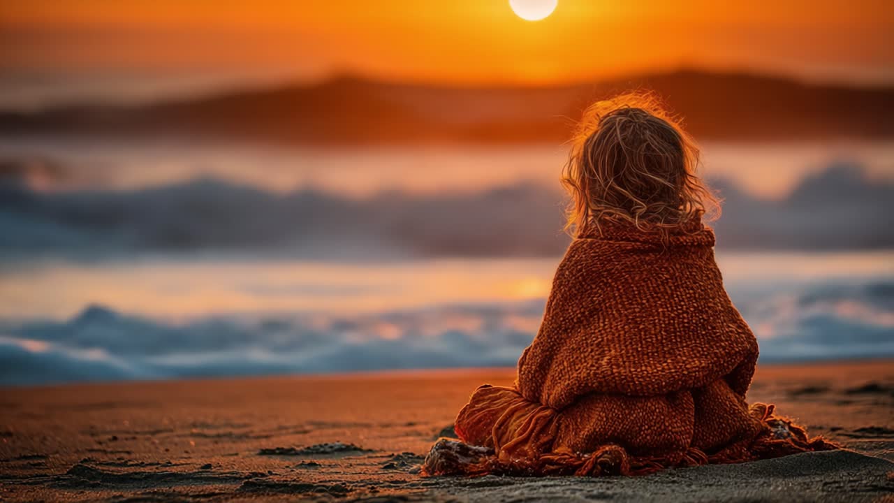 A Serene Sunset: A Child Wrapped in an Orange Blanket Enjoys a Peaceful Moment by the Beach as the Sun Sets Over the Horizon, Casting a Warm Glow Across the Scene