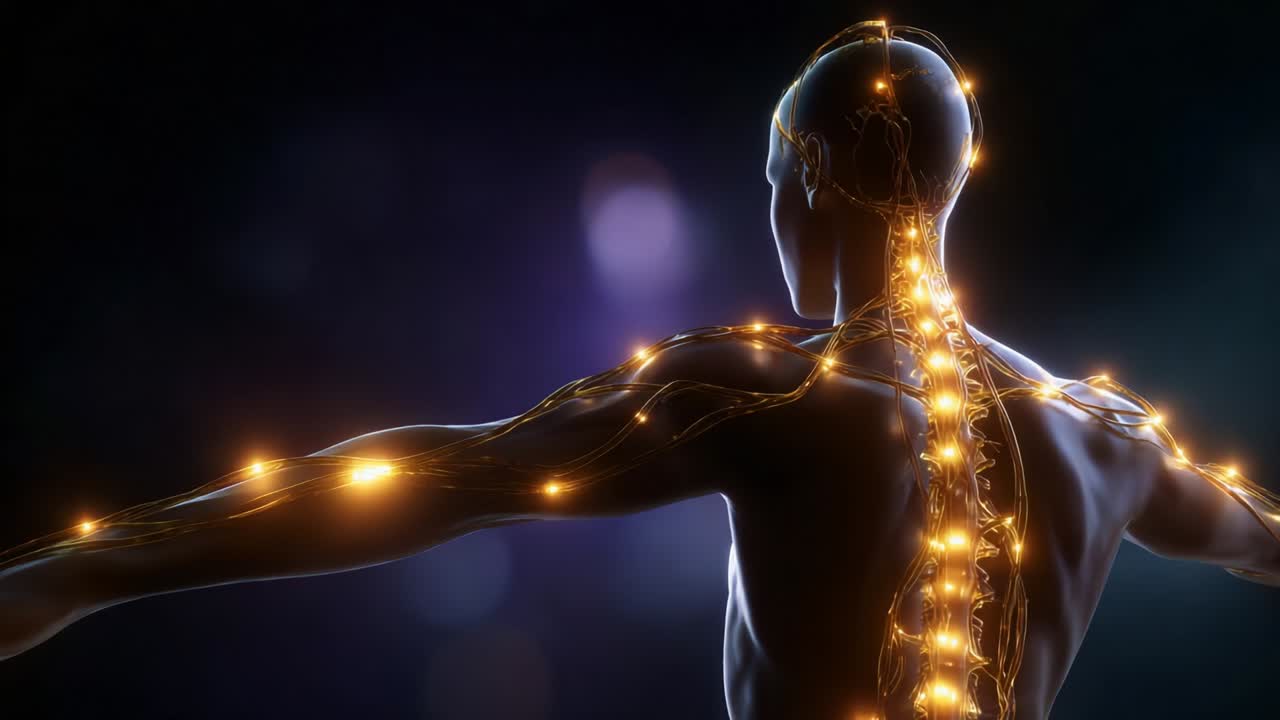 Visualizing Human Anatomy: A Stunning Representation of the Nervous System and Muscular Structure with Pulsating Light Effects, Capturing the Intricacies of Human Connectivity and Energy Flow in Motion