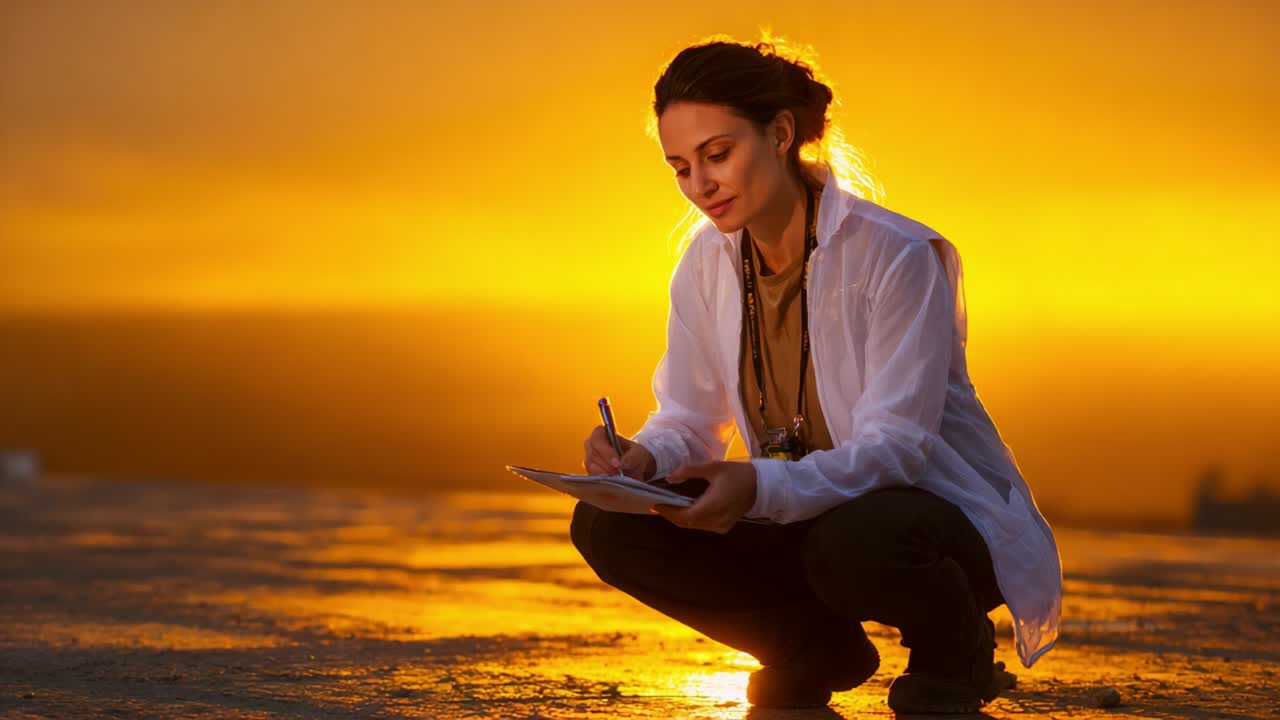 A determined researcher diligently documenting observations while squatting at sunset, illustrating the intersection of science and nature, emphasizing the beauty of exploration in the golden hour
