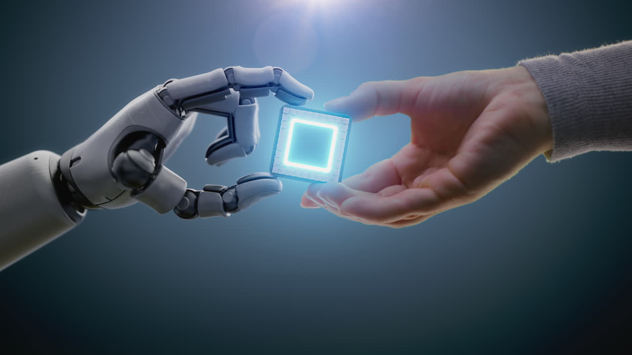 futuristic Concept of Cooperation Visualization of Human Giving Motherboard Cpu Processor to Robot Futuristic Concept of Humanity and Artificial Intelligence Cooperation Visualization of Human Giving Motherboard Cpu Processor to Robot Computer Microchip for Data Processing Humanmachine Teamwork