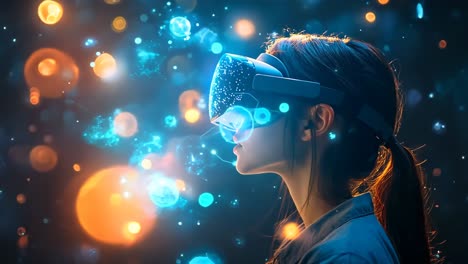 a woman wearing a virtual reality headset is looking at a blurry image of a woman. the image is blurry and has a dreamy, surreal quality to it