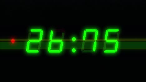 a four number, 30 second digital clock counting down. green integers on a black background with vhs type glitches and distortions and a red glowing dot. retro digital alarm clock with glow