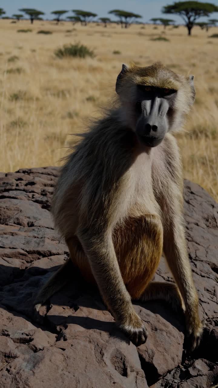 アフリカのサバンナで岩の上に座るヒヒ
