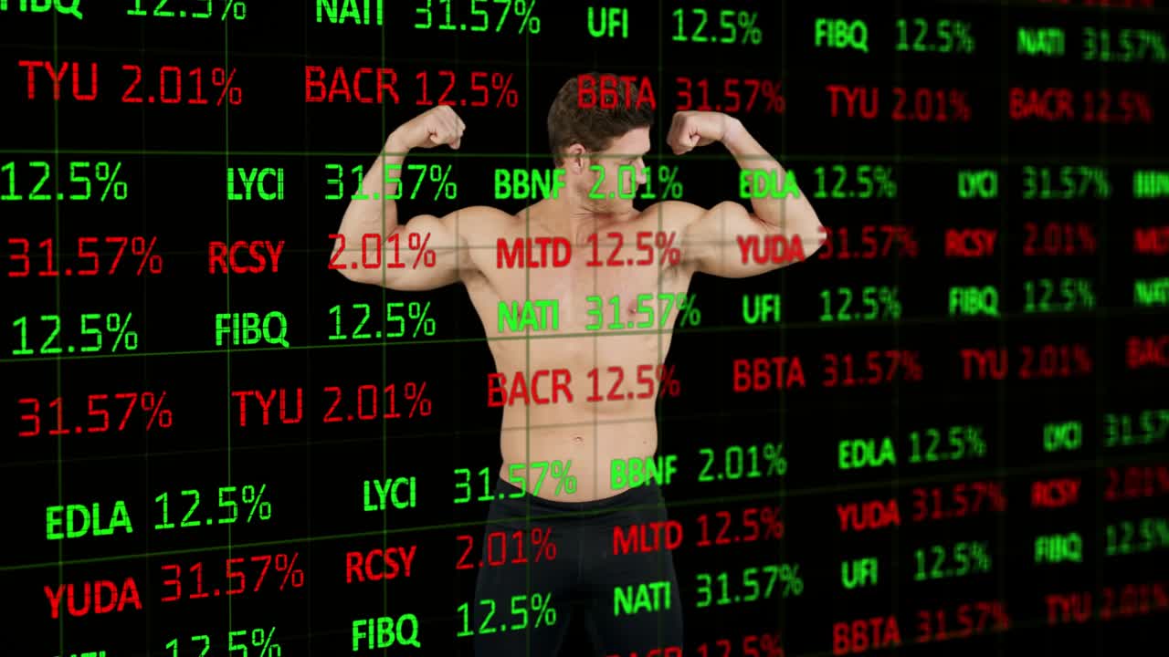 Man raising arms, flexing and turning while ticker overlaying % across torso, showing body
