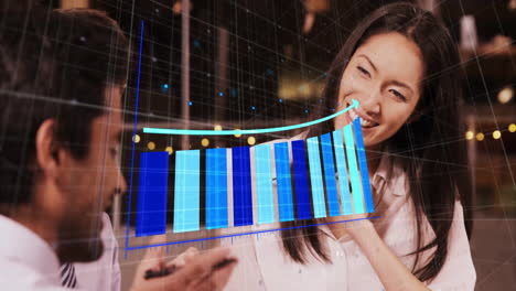 animation of arrow on growing graphs over diverse coworkers discussing reports on laptop