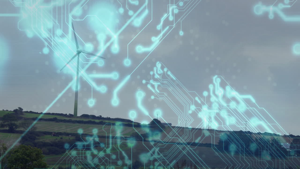 Wind turbine in countryside with digital network connections animation overlay