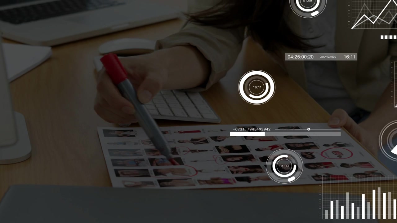 Woman hovering red marker over sheet, moving across thumbs, HUD updating for design review