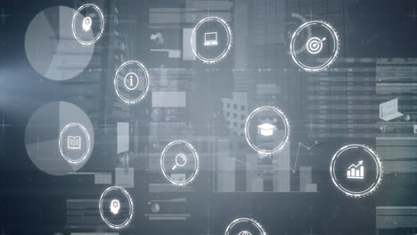 animación de iconos digitales en un patrón sin costuras a través de la interfaz con el procesamiento de datos estadísticos