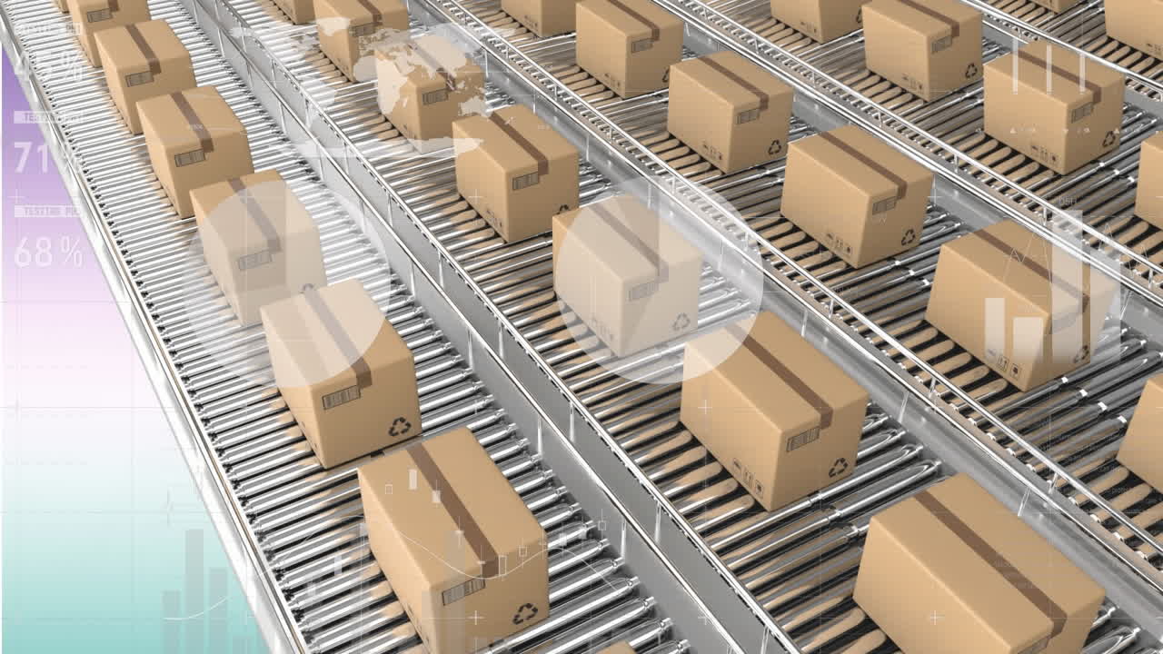 animación del procesamiento de datos estadísticos sobre cajas en cinta transportadora contra un fondo de gradiente