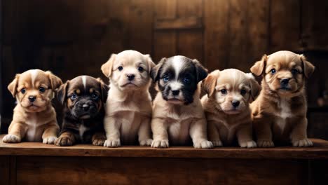 a group of puppies sitting on top of a wooden table