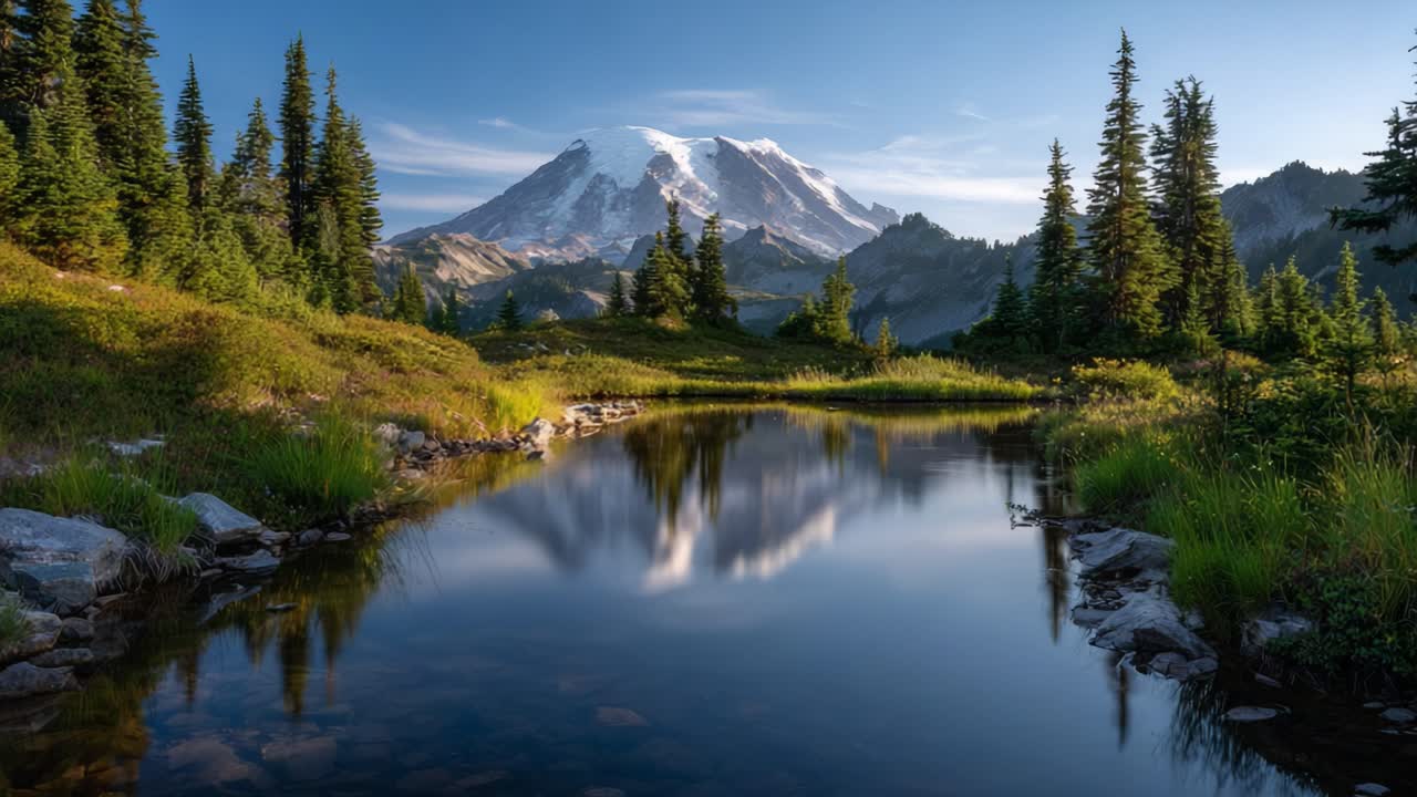 Breathtaking Mountain Landscape with Reflection in a Serene Pond Surrounded by Lush Green Pine Trees at Dawn, Capturing Nature's Tranquility and Beauty
