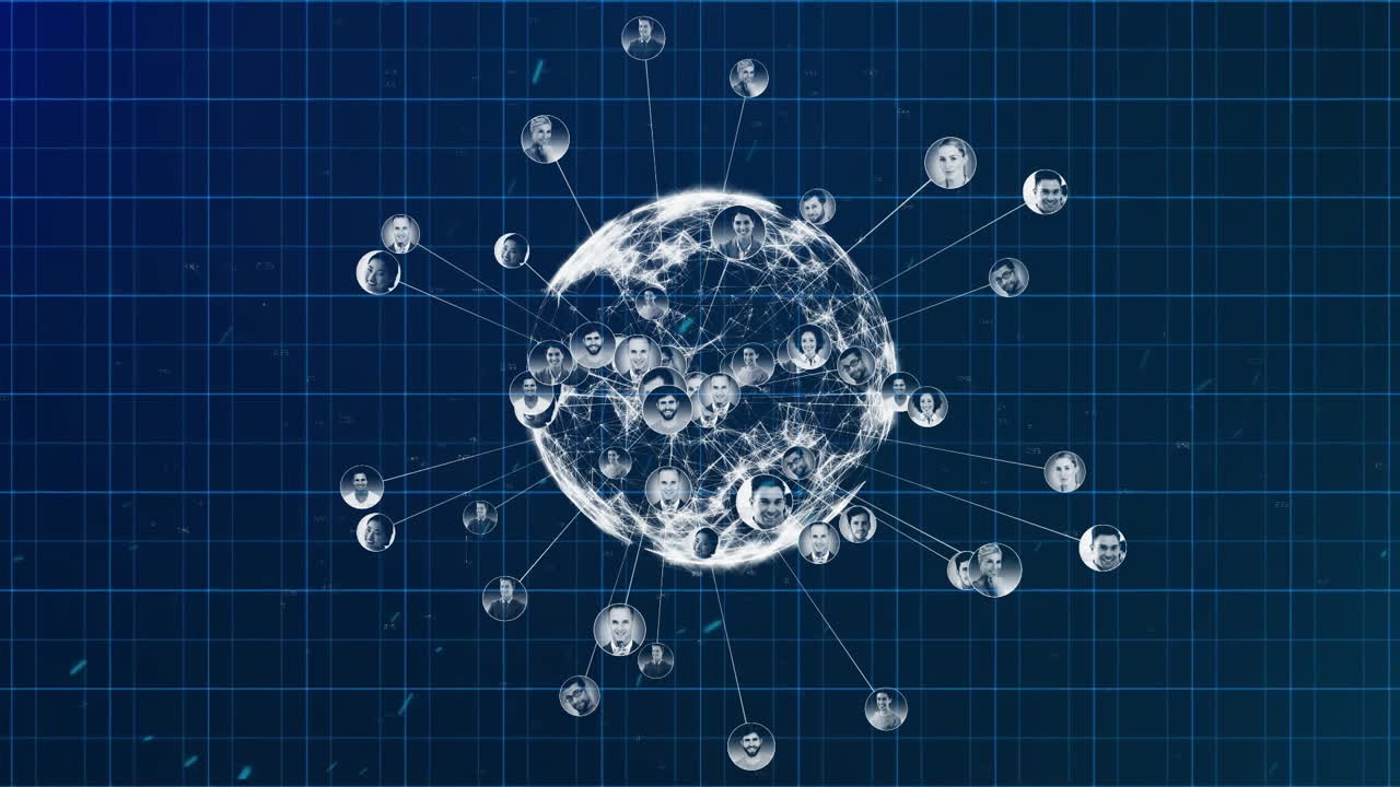 Animation of globe and people icons over blue background