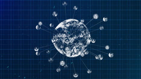 animación de iconos de globo y personas sobre fondo azul