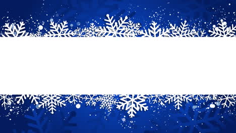 blue christmas background with paper snowflakes and white empty stripe for invitation text. loop animated frame.