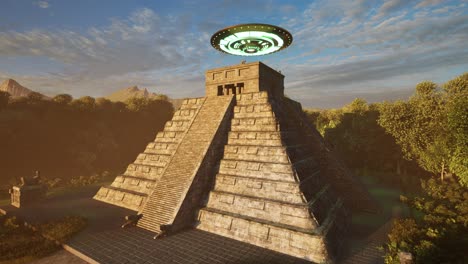 a ufo casting colorful lights, hovering above ancient mayan temple ruins in the jungle on sunset, with an alien standing idle and looking, 3d animation, animated scenery, panoramic camera zoom in