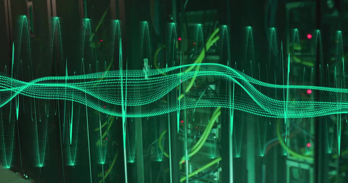 Upon receiving data, server rack showing green waveform sweeping and dipping to show network flow