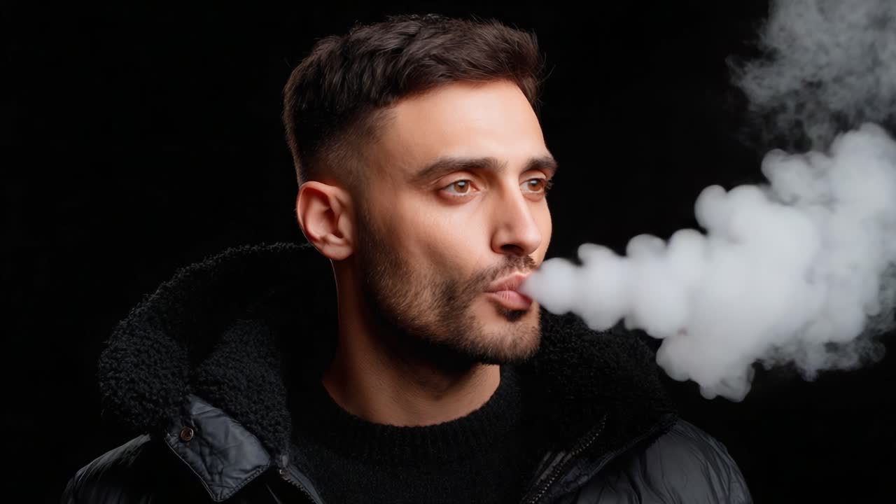 A contemplative man exhaling smoke against a dark background, showcasing a moment of introspection and calmness in an artistic portrait