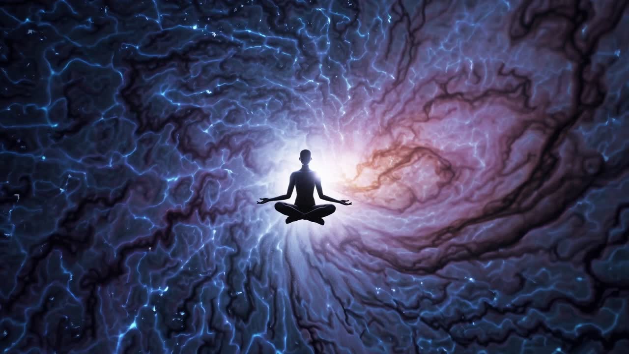Meditative figure in a cosmic swirl of vibrant colors, surrounded by glowing energy, depicting a journey through the universe and inner peace in a mesmerizing motion sequence