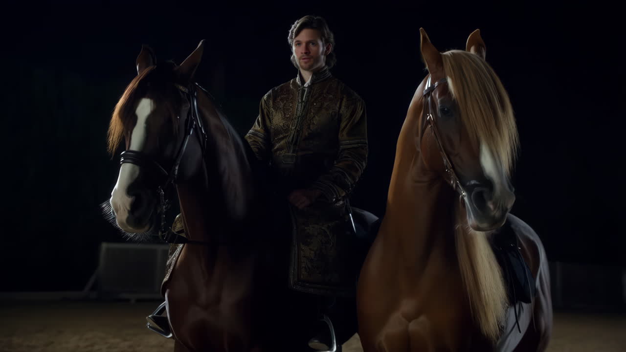 Man in historical attire with two horses