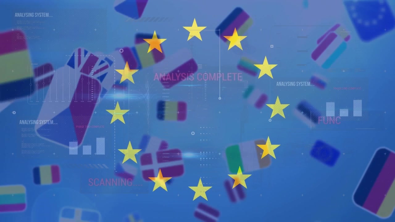 Animazione di stelle che girano sulla bandiera dell'UE e elaborazione dati su miniature di bandiere di paesi dell'UE che cadono