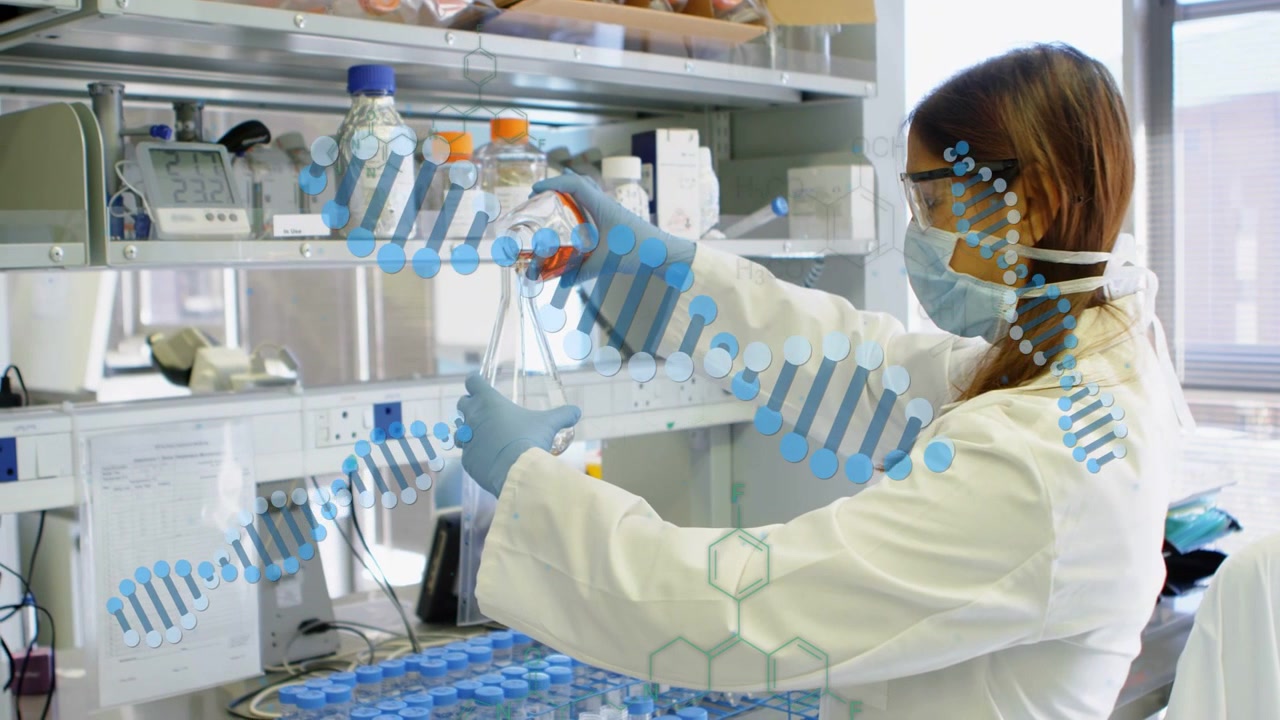 Lab tech reaching bottle pouring orange mix into flask prepping sample as DNA helices over hands