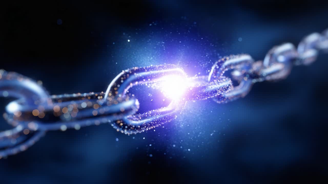 A Dynamic Visual Representation of a Brightly Glowing Chain Illuminated by Sparkling Particles, Uniting Elements Through Light and Energy in a Captivating Scene