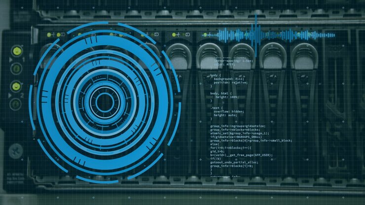 Blue circular data processing animation over computer code and server hardware