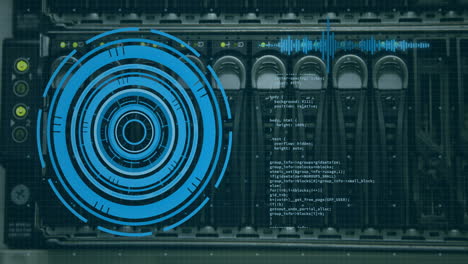 blue circular data processing animation over computer code and server hardware