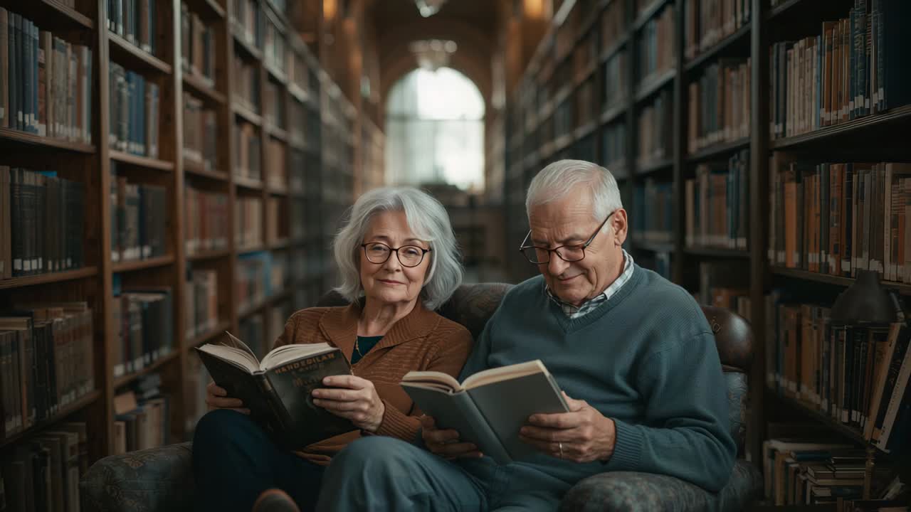 Looking couple to camera, lowering books in chair between shelves, wearing sweater and glasses