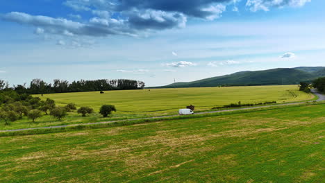 expansive green fields under a blue sky. vast fields of green stretch across the landscape under a bright blue sky, showcasing the beauty of rural europe