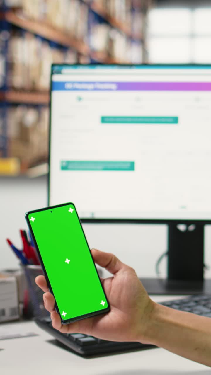 Vertical Video Storehouse worker in hi vis vest uses chroma key display on phone