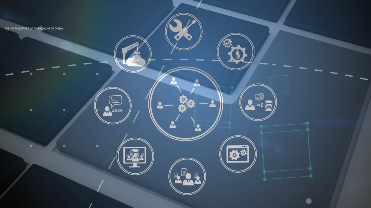 animación de iconos digitales en línea sobre el teclado de la computadora en fondo gris