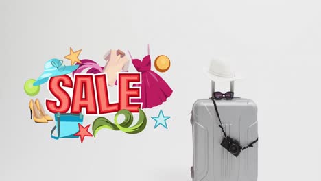 Animation-of-sale-text-with-icons-over-suitcase-on-blue-background