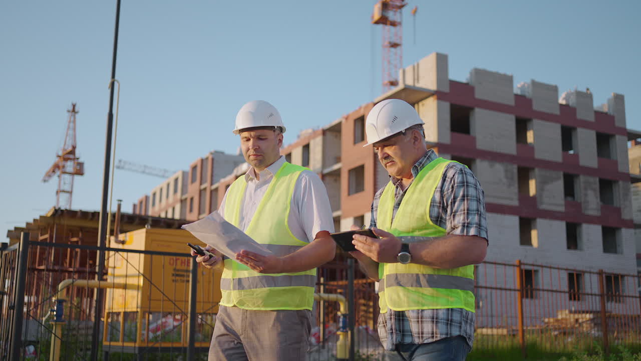 dos ingenieros discutiendo un proyecto en un sitio de construcción un trabajador usando un casco durante la puesta de sol