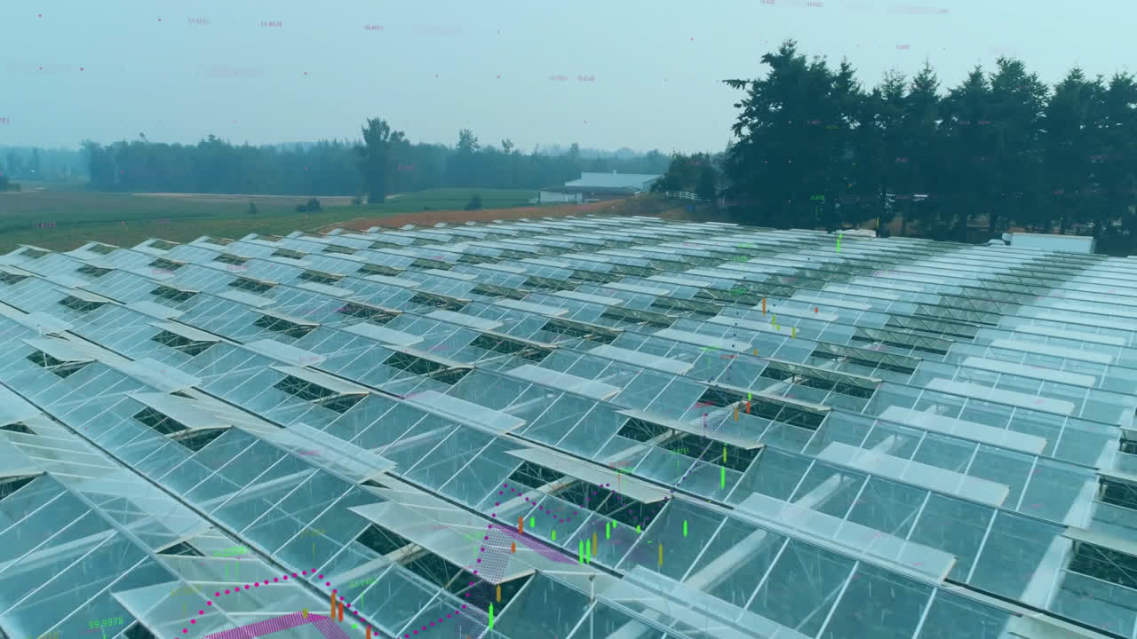 3D render showing greenhouse complex in aerial view, featuring glass roofs, metal supports, fields