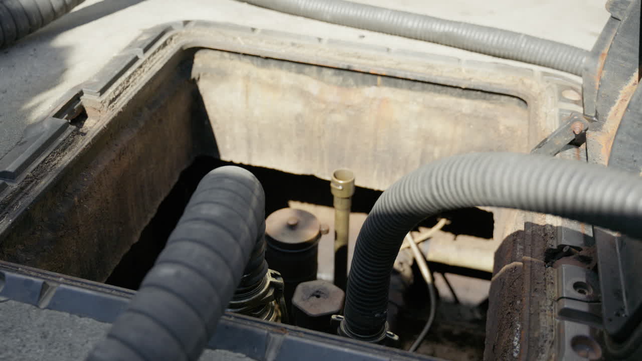 Pipes supply the underground tank of a gas station during the petrol crisis