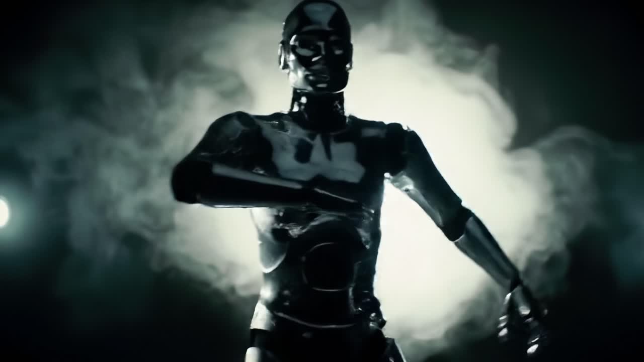A Futuristic Robot Moves Gracefully Against a Mysterious Smoky Background, Capturing the Essence of Advanced Technology and Art in Motion