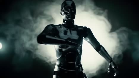 a futuristic robot moves gracefully against a mysterious smoky background, capturing the essence of advanced technology and art in motion