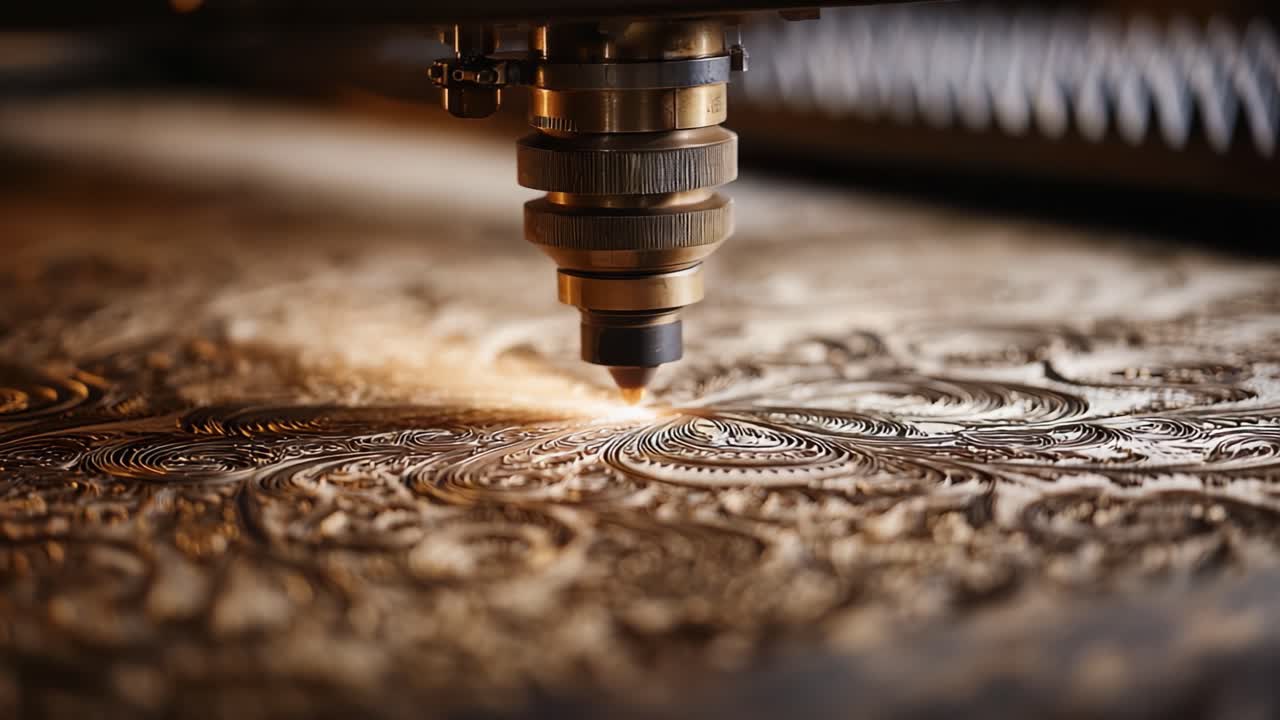 Precision Laser Engraving Process Captured: High-Detail Close-Up on Laser Head Over Intricately Designed Material in Action