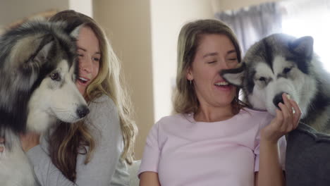 two young women watching tv with their dogs