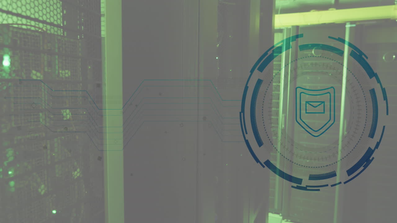 Animation of envelope and shield in loading circles, illuminated data server racks in server room