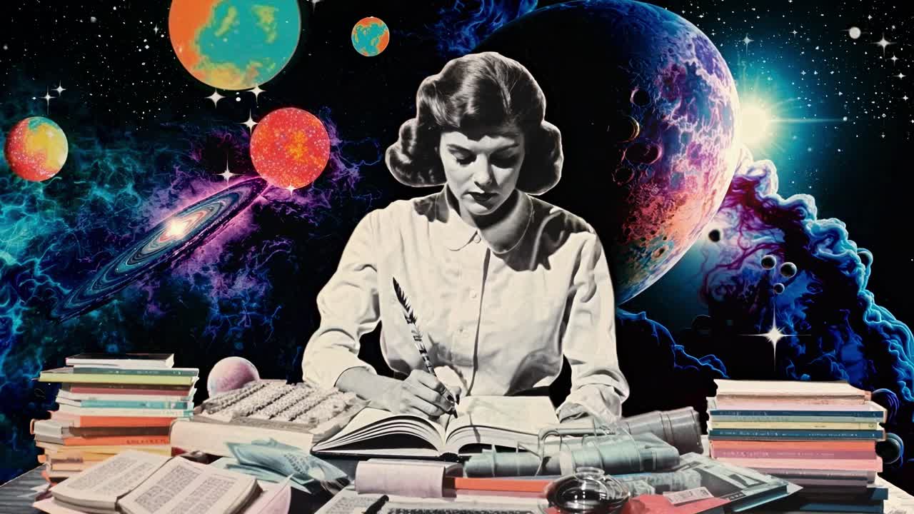 Vintage-style collage with a woman writing, surrounded by books and cosmic elements