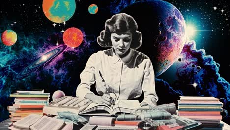 vintage-style collage with a woman writing, surrounded by books and cosmic elements