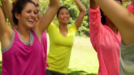 smiling zumba class dancing in the park