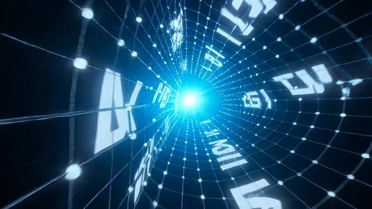 Pulling camera toward blue flare through wire tunnel in cyberspace, pulsing nodes, streaking glyphs