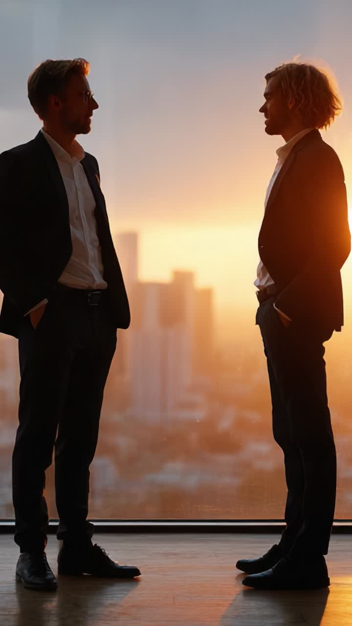 Due professionisti impegnati in una conversazione seria sullo sfondo di un tramonto mozzafiato, che riflette affari e collaborazione in un ambiente urbano