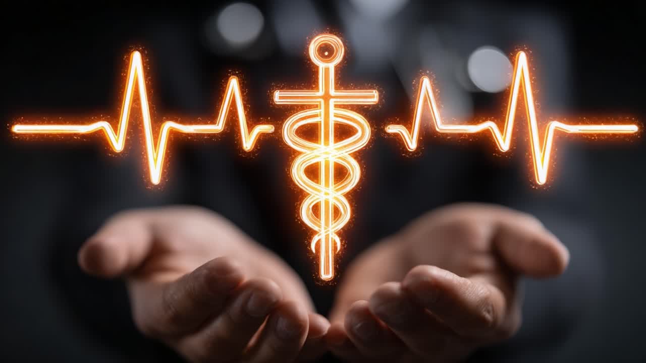 Hands Holding a Digital Medical Symbol with Heartbeat Line Representing Healthcare, Wellbeing, and Vital Signs in a Modern Context